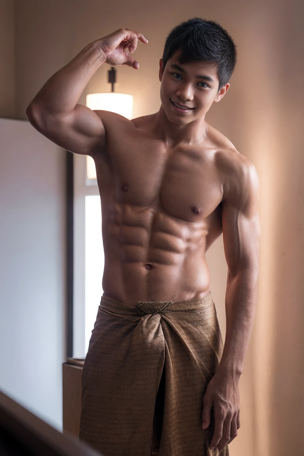 1boy, (Blue Eyes), happy smile,Thai boy,,man hot nerd,young, skinny boy body, slender, sport body build, child-like,White Teenage boy,Close-up photo,full body photo ,RAW photo,male, shirtless, six pack abs, white background, amm mc outfit, very attractive, blurry_background, (high detailed skin:0.8), 8k uhd, dslr, soft lighting, HDR, warm light, high quality, film grain, Fujifilm XT3,pale skin, skinny, good lighting, very pale skin, light skin, model with attractive body,medium bulge and medium butts,(Best quality, 8k, Masterpiece). High Detail , superior quality, natural lighting, beautiful, sexy, correct anatomy, good composition,realistic shapes, realistic skin tones,Natural eyes,realistic eyes,looking up at viewer,vpl,realistic muscles,Realistic wrinkles on the skin,Realistic arms and legs,Realistic face,realistic hair,Make a sexy and seductive face, Clear Focus: 1.2, Perfect Body virile: 1.4 , Slender Abs: 1.2, Highly detailed face and skin texture, detailed eyes, double eyelids, big upper lip, man focus,amazing composition, front view, HDR, volumetric lighting, ultra quality, elegant,Post a erotic photoshoot,Realistic pose,detailed hair,full body,Fujifilm XT3 photorealistic art by midjourney