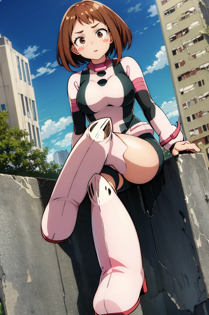 masterpiece, best quality, highres, hmochako, blush stickers, short hair, medium breasts, superhero, bodysuit, boots, ruins, building, (torn clothes:1.2), sitting