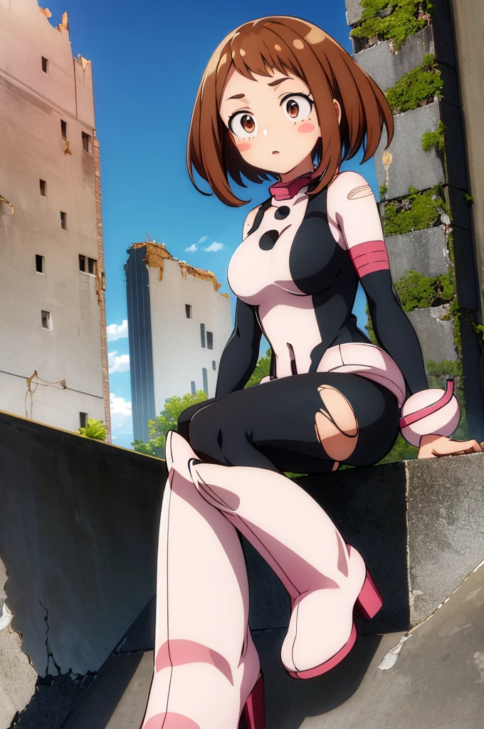 masterpiece, best quality, highres, hmochako, blush stickers, short hair, medium breasts, superhero, bodysuit, boots, ruins, building, (torn clothes:1.2), sitting