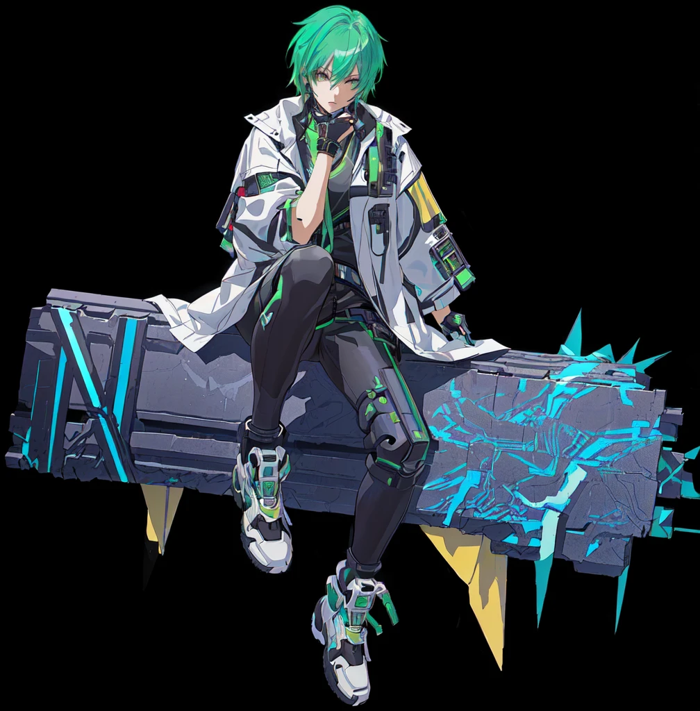 Sitting on a bench,Anime character with green hair, Cyberpunk Street Thugs, Official Character Art, Cyberpunk buddy, Cyberpunk Streetwear, Digital Cyberpunk Anime Art, Cyberpunk style, Cyberpunk Characters, ( ( Character Concept Art ) ), In Cyberpunk 2077, cyber universe style, Digital cyberpunk - anime art, Anime Cyberpunk Art, Fashion cyberpunk robot