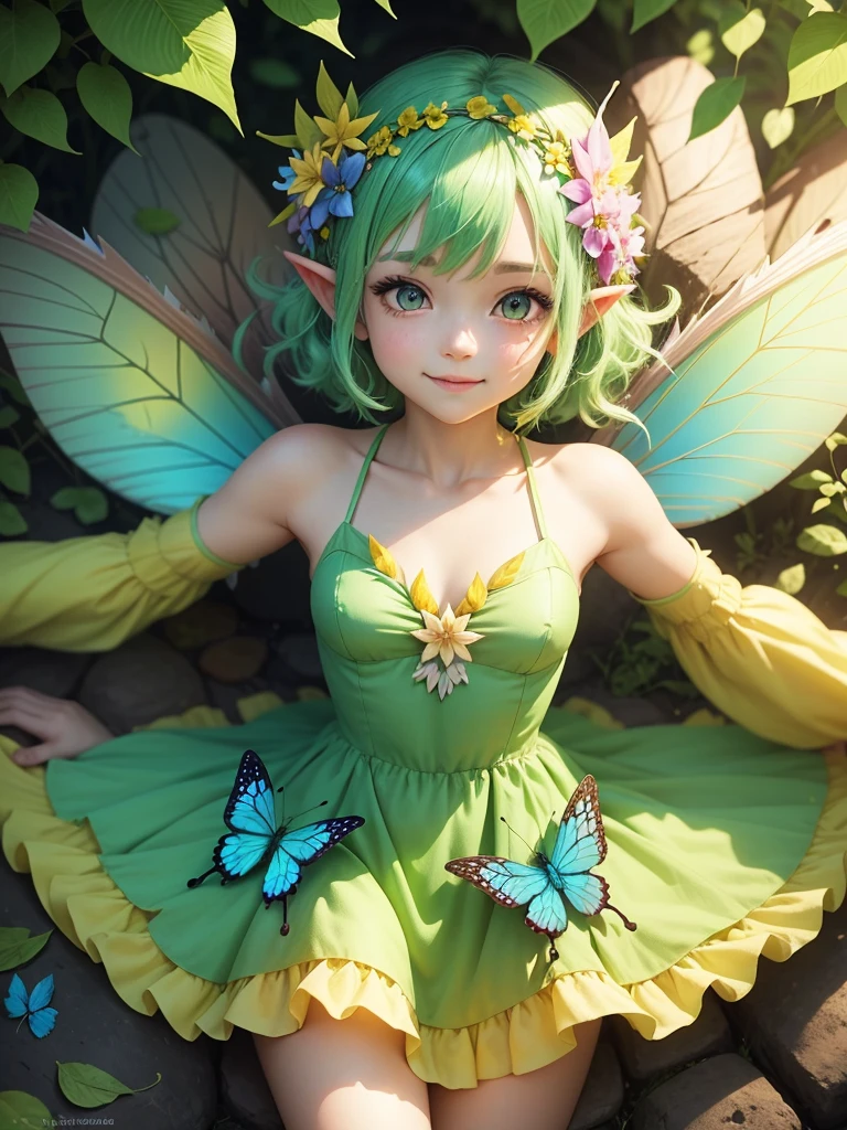 cute little Fairy, blue butterfly, yellowgreen hair, pink eyes, yellowgreen dress pointy ears dress made of petals leaves leaning forward leaf fairy dress made of leaves leaves flowers flower crown thin wings smiling gently big leaves