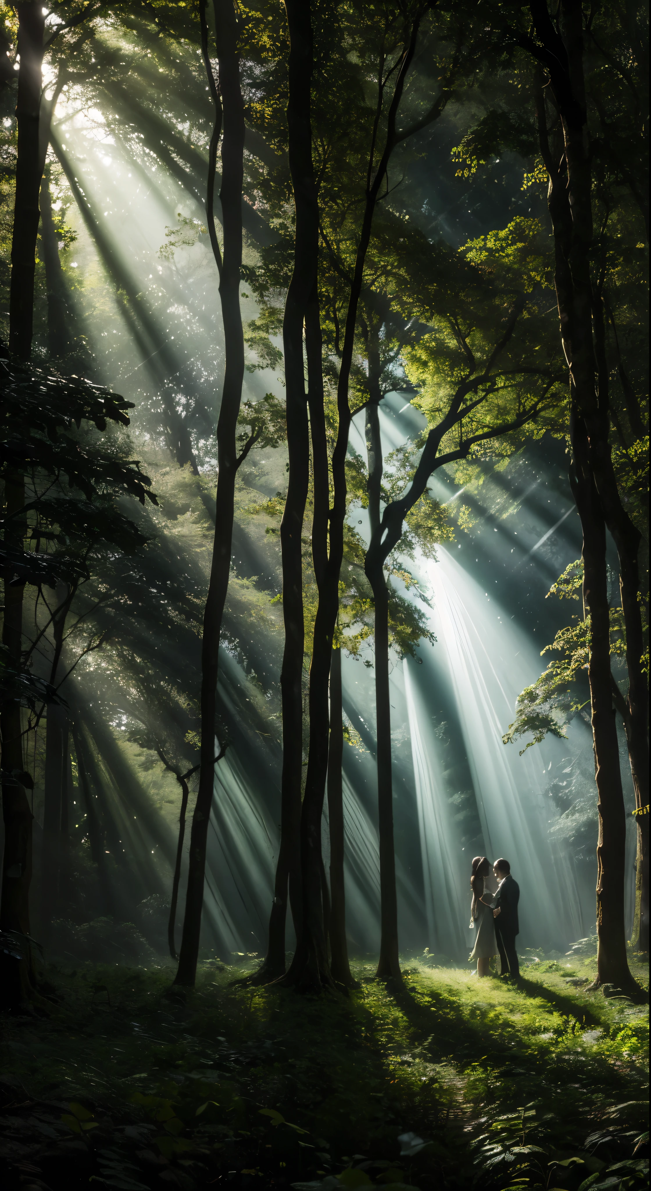 Description: In a secluded forest, a ray of sunlight pierces through the dense canopy, casting an ethereal glow on the forest floor. Amidst the towering trees, mysterious shadows seem to come alive, whispering secrets to those who dare to listen. Capture the enigmatic allure of these whispering shadows and the interplay between light and darkness in this mystical setting.