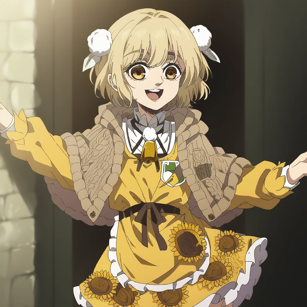 singeki_no_kyojin_s4_style, yellow frilled dress, pom pom hair ornament, brown capelet, brown shawl, long sleeves, pom pom \(clothes\), crime prevention buzzer, badge, sunflower badge, sunflower print, happy, smile