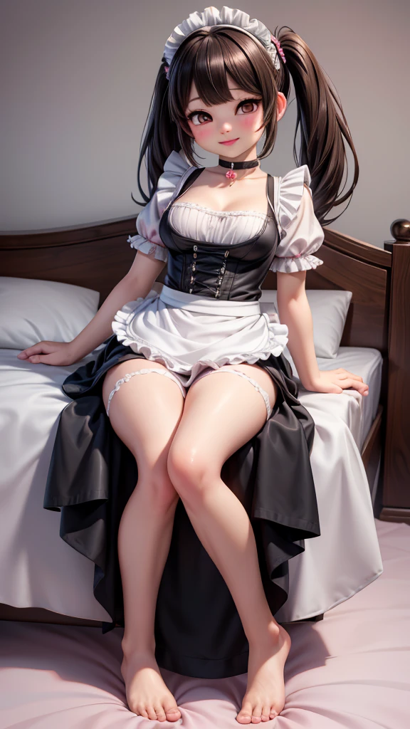 solo, (korean:1.2),1 girl, (sharp focus:1.4), (photorealistic:1.4), (intricate maid clothes:1.4), white maid apron, layered clothes, puffy sleeves, (doggy position), barefoot, face focus, on the bed, (black leather choker ), long hair, brown hair, curvy wave half twin tails, hair ties, indoors, cozy bed, (smile:1.1), (realistic humid skin:1.2), (beautiful face:1.1), detailed eyes, detailed face,(breasts:1.2), black eyes, depth of field, best quality, ultra high res, (photorealistic:1.4), (ulzzang-6500:1.0),((puffy eyes)), full body, (pink lipstick,:1.1) HIMIKO TOGA