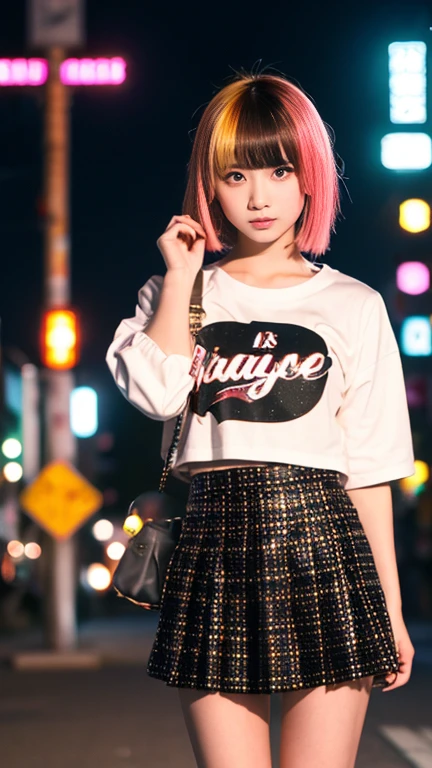 Girl with a flamboyant appearance and rebellious attitude, Japanese yankee, lone girl, bright and loud patterned clothes, extremely short skirt, gal style with emphasis on cuteness, light brown hair, thick eyeliner and flashy colored eye shadow, false eyelashes to make eyes look bigger and more impressive, dark makeup all around Hakodate seaside townscape background, evening, sunset
