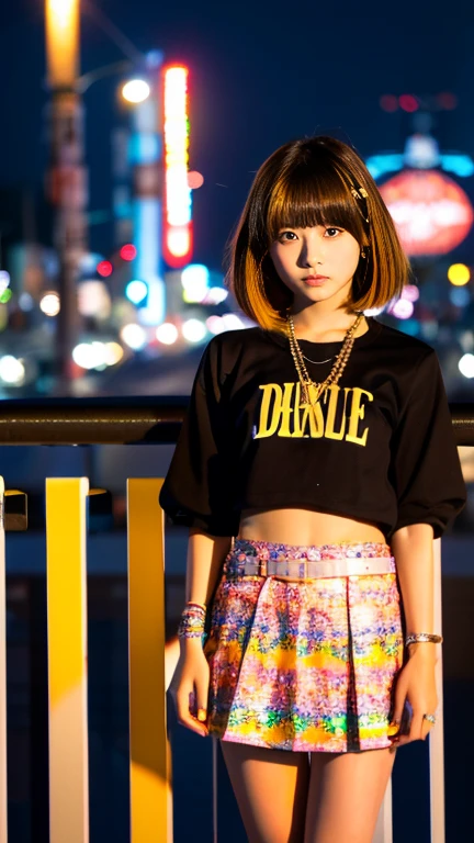 Girl with a flamboyant appearance and rebellious attitude, Japanese yankee, lone girl, bright and loud patterned clothes, extremely short skirt, gal style with emphasis on cuteness, light brown hair, thick eyeliner and flashy colored eye shadow, false eyelashes to make eyes look bigger and more impressive, dark makeup all around Hakodate seaside townscape background, evening, sunset