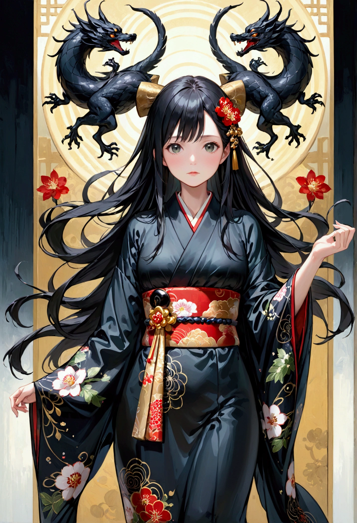 Mature Girl with long dark onyx hair, dark onyx eyes,tall rectangular body figure, kimono