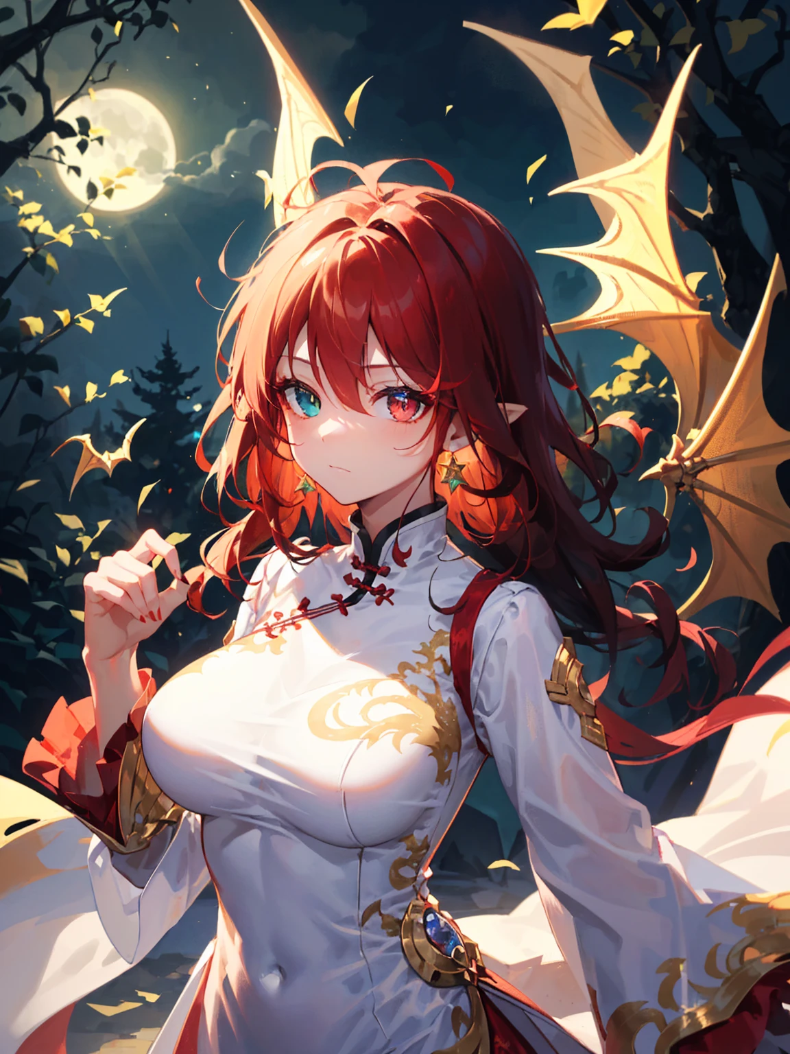 Princess (red hair, wearing a long dress), perfect breasts, round breasts, background (forest, moon), Chinese dragon (one, five-clawed golden dragon, two wings), golden jewelry, white and golden clothes, (golden clothes:1), (white clothes:1.3), golden ornaments, elegant cutout, clothes cutout, revealing clothes, shiny silk, golden stripes clothes, detailed textures, (dragon clothes:1.3), detailed iris, sparkle eyes, star in eyes, enchanting red eyes, (multicolored eyes), (shining dust), (heterochromia), (red hair:1.3), (messy hair:1.3), (hair between eyes), (hair over one eye), (wavy hair:1.1), perfect hands, perfect fingers, perfect arms