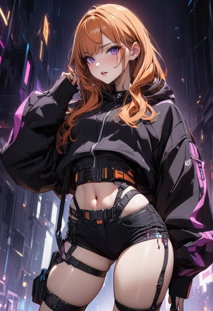 Young girl orange hair purple eyes cyberpunk exposed navel outfit high quality masterpiece 