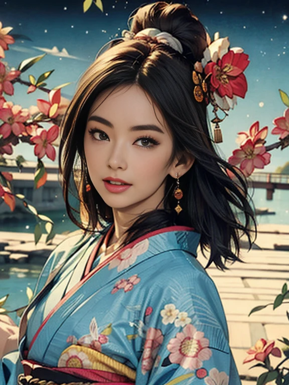 (Highest quality、 8k 、masterpiece、High resolution)、(whole body)、Vibrant colors、Brown-black bob、Traditional topknot、Ample breasts、(Detailed face,Beautiful Face,Beautiful Eyes,Beautiful nose,Pretty lips)、Official artwork、Ukiyo-e style、 (Beautiful woman in kimono)、(Vivid floral patterned kimono)、background、river、bridge、Mountain、wood、Starry Sky、plum、