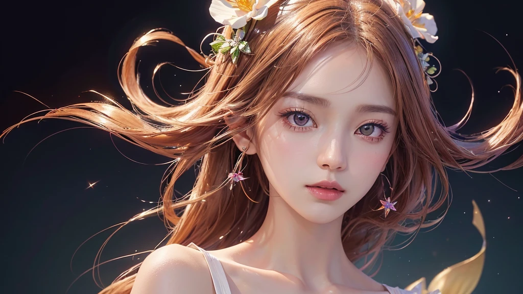 One girl, alone, flower畑, flower, (Official Art, unity 8k wallpaper, Super detailed, beautifully、aesthetic, masterpiece ,Highest quality:1.3), (Dynamic Angle:1.2), (Floating colorful sparkles:1) , elegant, Vibrant colors, Highly detailed face, Detailed eyes, Glowing Skin, Glossy Lips , Pale Orange Background,