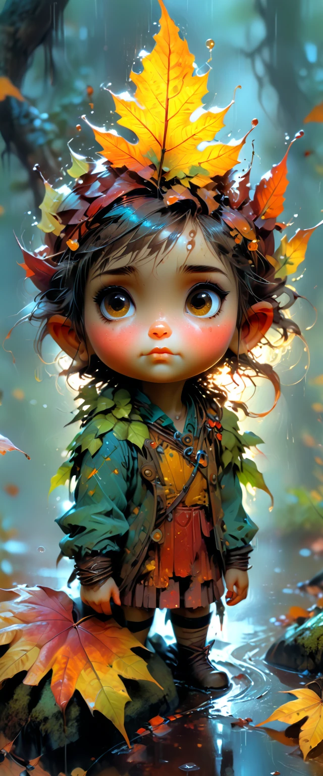 a pixie girl on a autumn leaf in the rain the forest and the world of adventure, autumn leaf colors, red brown yellow orange, maroon, photo realism, 8k resolution, garden, trending on artstation, 4k, intricate details, highly detailed, pencil drawing, sea-forest blue, forest green, and rust red, sketching, unreal engine, greg rutkowski, loish, rhads, beeple, makoto shinkai and lois van baarle, ilya kuvshinov, rossdraws, tom bagshaw, alphonse mucha, oil painting, heavy strokes, paint dripping, oil painting, heavy strokes, paint dripping