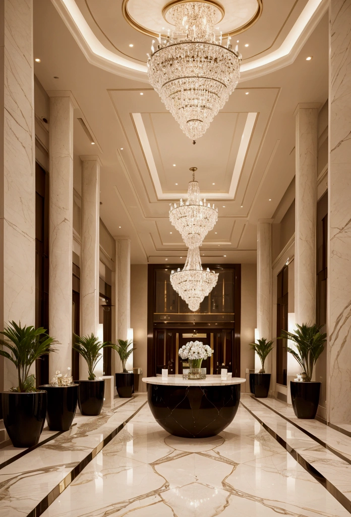 Luxurious hotel front desk。Marble floor、The lobby with its sparkling chandelier。Modern design furniture and、The plants are placed、Overall a relaxed atmosphere。The warm lighting、Producing an elegant and comfortable space。