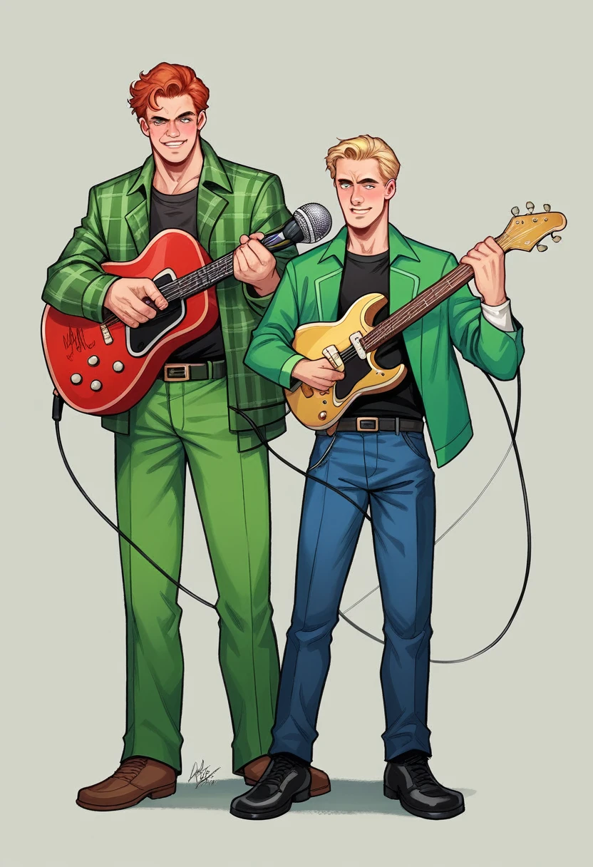 A nostalgic, full-body digital illustration of the Green Day band members, Billie Joe Armstrong, Mike Dirnt, and Tré Cool, standing closely together. They are dressed in their iconic attire: Billie Joe in a red plaid jacket, Mike in a black shirt, and Tré in a green jacket. The background features a vibrant, energetic stage with a microphone, guitars, and drums, creating an atmosphere of rock and roll.