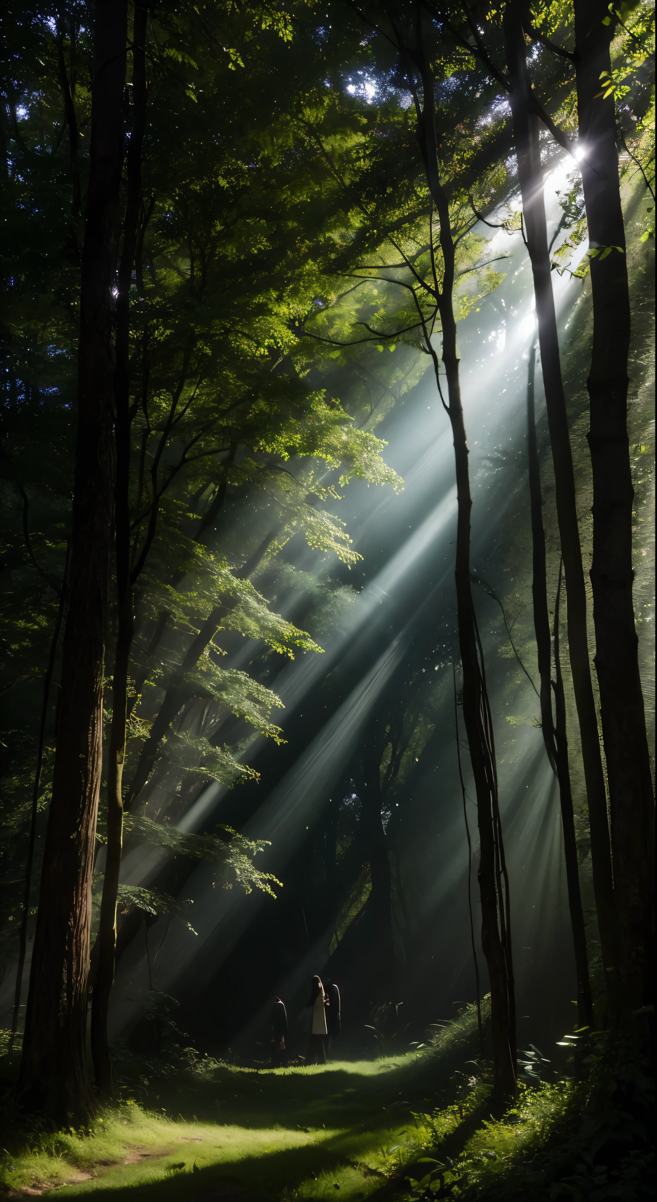 Description: In a secluded forest, a ray of sunlight pierces through the dense canopy, casting an ethereal glow on the forest floor. Amidst the towering trees, mysterious shadows seem to come alive, whispering secrets to those who dare to listen. Capture the enigmatic allure of these whispering shadows and the interplay between light and darkness in this mystical setting.