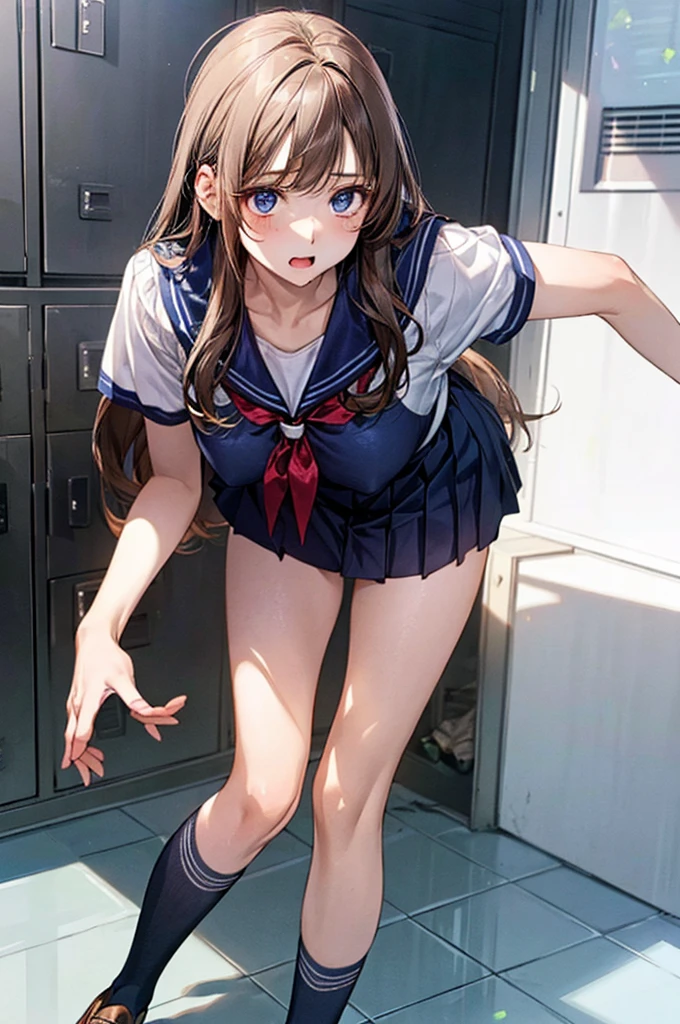 (((Perfect Anatomy, Anatomically correct, Very detailed肌))), 1 girl, Japanese, high School girl, Glowing Skin, Observe your audience, 
Detailed Hair, Detailed face, Detailed eyes, (Long Hair:1.4, Straight hair:1.7), Parted bangs:1.5, Light brown hair, blue eyes, Baby Face, Mole under the eye, 
Beautiful clavicle, Beautiful body, Beautiful breasts, Large Breasts:0.5, Beautiful thighs, Beautiful feet, Camel Toe, 
((Detailed cloth texture, Short sleeve, Cute navy blue sailor suit, Dark blue pleated skirt, Navy blue sailor color, Sailor scarf, socks, Brown Loafers)), Captivating thighs, 
((Embarrassing, Scared, Mouth half open)), Are standing, (((Leaning forward), Take off, Raise one leg, Pull on white panties)), 
(Beautiful views), summer, School, locker room, 
8k, Highest quality, Masterpiece​:1.2, Very detailed), (Realistic), Beautiful illustrations, Cinema Lighting,