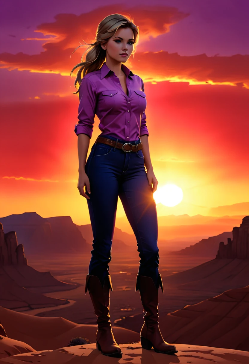 an oil painting of woman cowboy standing on the desert mountain at sunset, watching the desert canyon, an exquisite beautiful woman, most beautiful woman, blond hair, long hair, in a pony tail, ultra detailed face, best detailed face, wearing button shirt, dynamic color, small cleavage, wearing trousers, dynamic color, wearing high heeled boots, (silhouette art: 1.3), sun set, sun rays, sky in shades of purple, red, orange and yellow. vibrant colors of sky, Hyperrealism style, vibrant, Ultra-high resolution, High Contrast, (masterpiece:1.5), highest quality, Best aesthetics), best details, best quality, highres, ultra wide angle, 16k, [ultra detailed], masterpiece, best quality, (extremely detailed) RAW, chumbasket art style, oil pastel, silhouette

