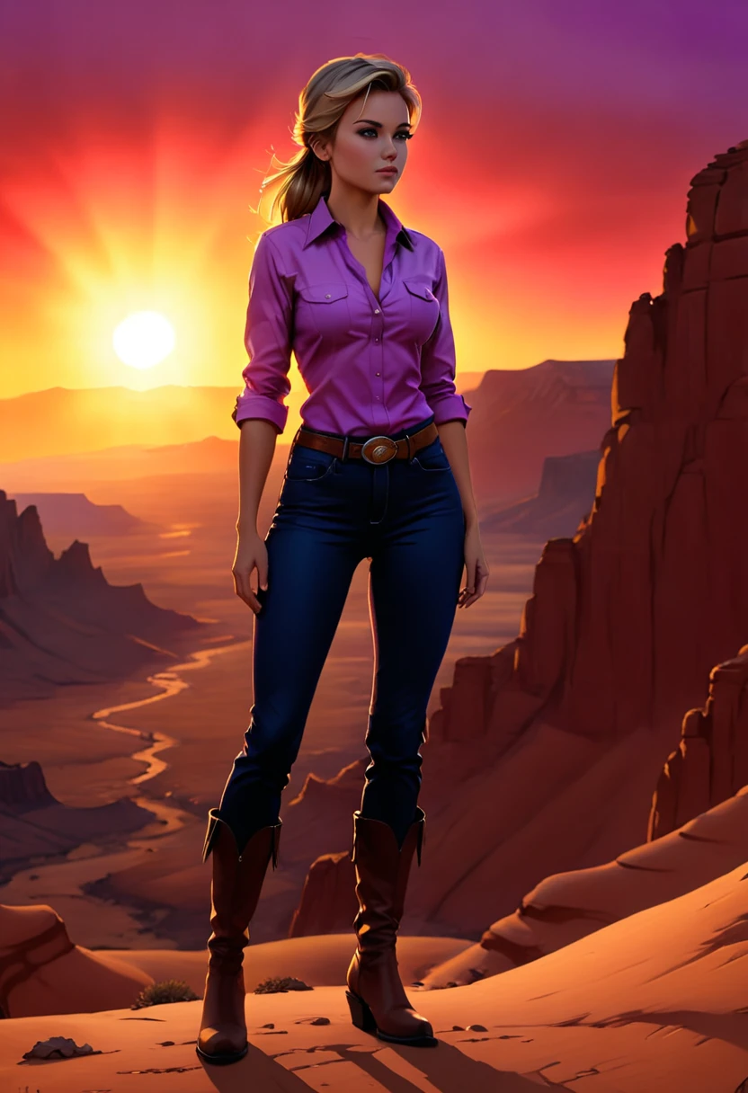 an oil painting of woman cowboy standing on the desert mountain at sunset, watching the desert canyon, an exquisite beautiful woman, most beautiful woman, blond hair, long hair, in a pony tail, ultra detailed face, best detailed face, wearing button shirt, dynamic color, small cleavage, wearing trousers, dynamic color, wearing high heeled boots, (silhouette art: 1.3), sun set, sun rays, sky in shades of purple, red, orange and yellow. vibrant colors of sky, Hyperrealism style, vibrant, Ultra-high resolution, High Contrast, (masterpiece:1.5), highest quality, Best aesthetics), best details, best quality, highres, ultra wide angle, 16k, [ultra detailed], masterpiece, best quality, (extremely detailed) RAW, chumbasket art style, oil pastel, silhouette

