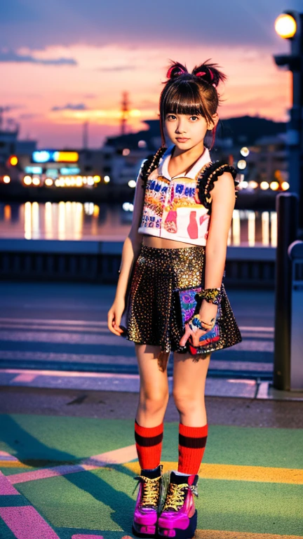 Girl with a flamboyant appearance and rebellious attitude, Japanese yankee, lone girl, bright and loud patterned clothes, extremely short skirt, gal style with emphasis on cuteness, light brown hair, thick eyeliner and flashy colored eye shadow, false eyelashes to make eyes look bigger and more impressive, dark makeup all around Hakodate seaside townscape background, evening, sunset