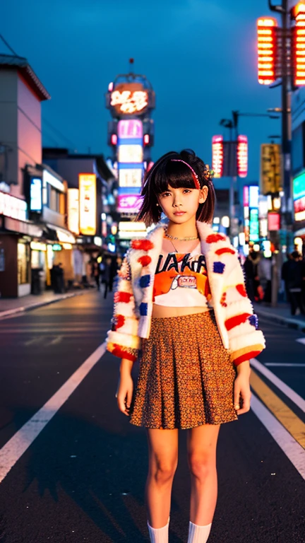 Girl with a flamboyant appearance and rebellious attitude, Japanese yankee, lone girl, bright and loud patterned clothes, extremely short skirt, gal style with emphasis on cuteness, light brown hair, thick eyeliner and flashy colored eye shadow, false eyelashes to make eyes look bigger and more impressive, dark makeup all around Hakodate seaside townscape background, evening, sunset