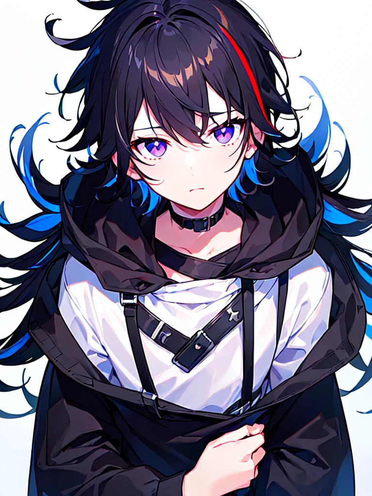 [(WHITE BACKGROUND:1.5),::5], ((((masterpiece)))), high quality, ultra very high resolution, full color, (((solo))), ((little boy)), Black hair, ((White streaked hair)), (Black eyes), anime, ((upper body)), black parka, 