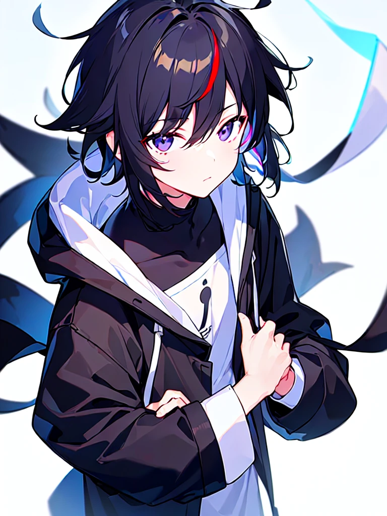 [(WHITE BACKGROUND:1.5),::5], ((((masterpiece)))), high quality, ultra very high resolution, full color, (((solo))), ((little boy)), Black hair, ((White streaked hair)), (Black eyes), anime, ((upper body)), black parka, 