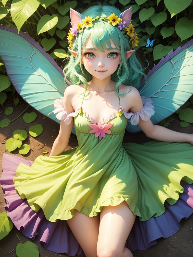 cute little Fairy, blue butterfly, yellowgreen hair, pink eyes,  yellowgreen dress pointy ears dress made of petals leaves leaning forward leaf fairy dress made of leaves leaves flowers flower crown thin wings smiling gently big leaves