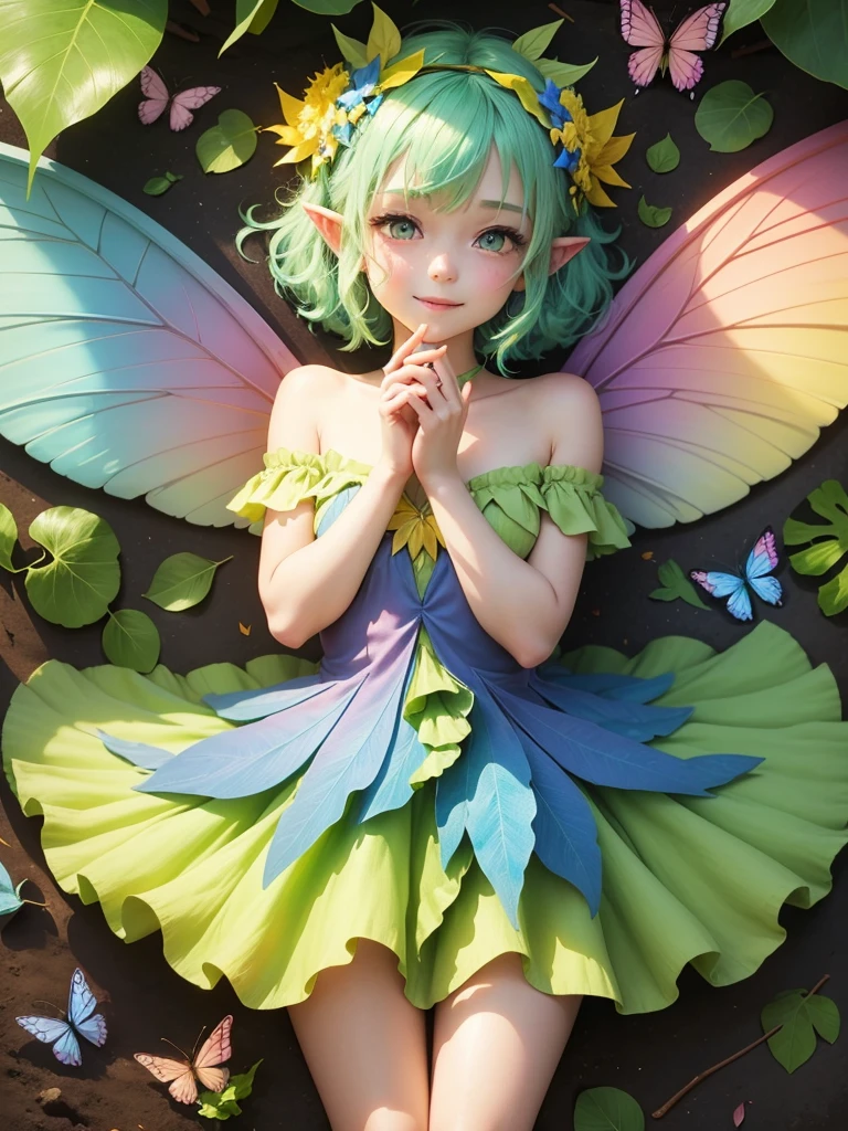 cute  Fairy, blue butterfly, yellowgreen hair, pink eyes,  yellowgreen dress pointy ears dress made of petals leaves leaning forward leaf fairy dress made of leaves leaves flowers flower crown thin wings smiling gently big leaves