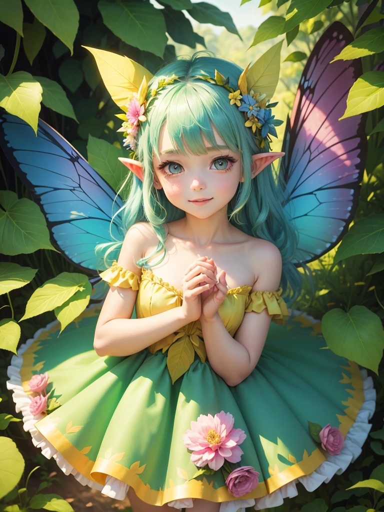 cute little Fairy, blue butterfly, yellowgreen hair, pink eyes, yellowgreen dress pointy ears dress made of petals leaves leaning forward leaf fairy dress made of leaves leaves flowers flower crown thin wings smiling gently big leaves