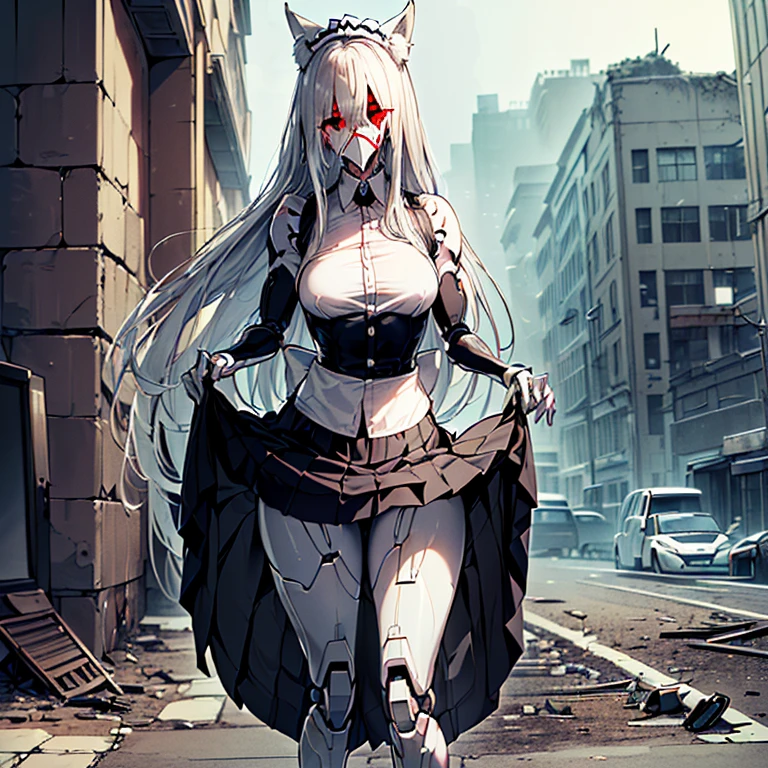 (Fox Girl, Fox Ears, Silver Hair, Fox Makeup, One Girl, Long Hair, Alone on the screen, dark skin, High definition, high resolution:1.6), (maid apron, Black and white clothes, skirt, mecha musume, Machinery Parts,Robot Joints, Mechanical leg suit:1.8), (Body measurements are 75-60-75!, Young girl body, Small breasts, skirt hold, slender, muscle:1.9), Avatar, face, 色っぽいface, Dominant representation, naughty face, Uplifting, Skin Texture, outside, ruins, Ruined City, Broken Building, There are no people