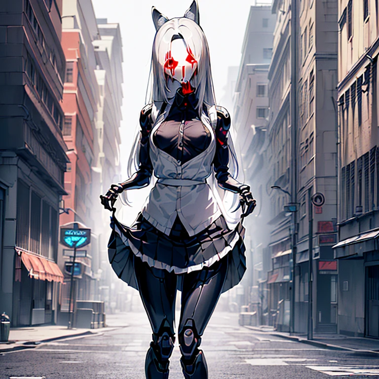 (Fox Girl, Fox Ears, Silver Hair, Fox Makeup, One Girl, Long Hair, Alone on the screen, dark skin, High definition, high resolution:1.6), (maid apron, Black and white clothes, skirt, mecha musume, Machinery Parts,Robot Joints, Mechanical leg suit:1.8), (Body measurements are 75-60-75!, Young girl body, Small breasts, skirt hold, slender, muscle:1.9), Avatar, face, 色っぽいface, Dominant representation, naughty face, Uplifting, Skin Texture, outside, ruins, Ruined City, Broken Building, There are no people