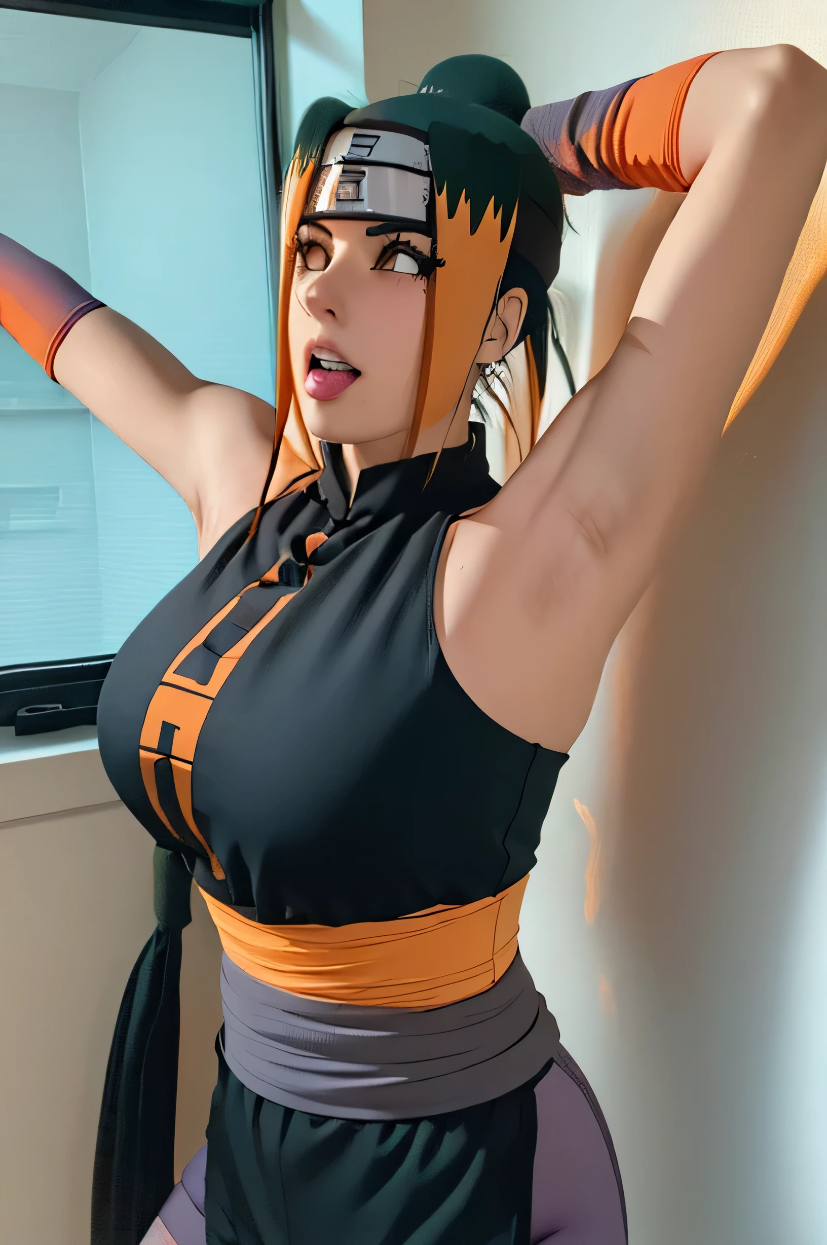 1 girl, standing, beautiful Pakura,18 years old, Cups, Black thighs, arm warmers, , shorts, orange hair, big chest, small hips, big ass, medium breasts,capture anime screen, Pakura is 18 years old, mature appearance,armpits,sweat,sweaty,sweaty armpits,arms up,showing armpits,awesome armpits,outfit, black arm warmers, black arm bands, arm warmers