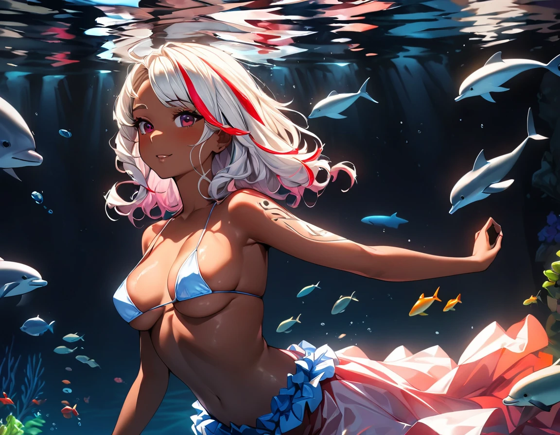 (highest quality:1.2, Very detailed, up to date, Vibrant, Ultra-high resolution, High Contrast, masterpiece:1.2, highest quality, Best aesthetics), Portraiture、girl、singer, solo, ((25-years-old:1)), (skin diving ,marine diving,underwater,in the aquarium,swimming with dolphine), Bright colors, Beautiful fine details、Beautiful lip detail、midium wave hair、red and white ((streaked hair:1.6)), highlights hair: 1.5, red eyes, slim body, meddium breast, (tan skin:1.1), ((micro bikini)), (Floral Fineline tattoo design on left arm:1), put one hand on the waist, (cowboy shot:1),