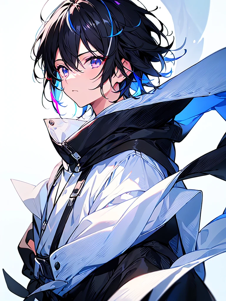 [(WHITE BACKGROUND:1.5),::5], ((((masterpiece)))), high quality, ultra very high resolution, full color, (((solo))), ((little boy)), Black hair, ((White streaked hair)), (Black eyes), anime, ((upper body)), black parka, 