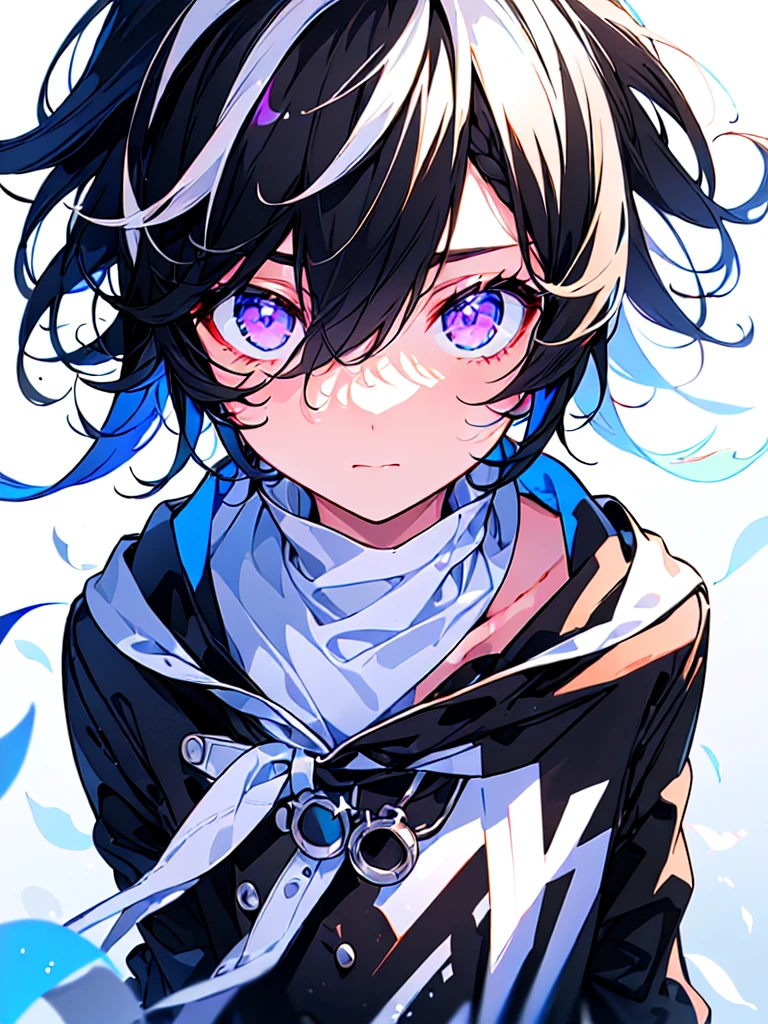 [(WHITE BACKGROUND:1.5),::5], ((((masterpiece)))), high quality, ultra very high resolution, full color, (((solo))), ((little boy)), Black hair, ((White streaked hair)), (Black eyes), anime, ((upper body)), black parka, 