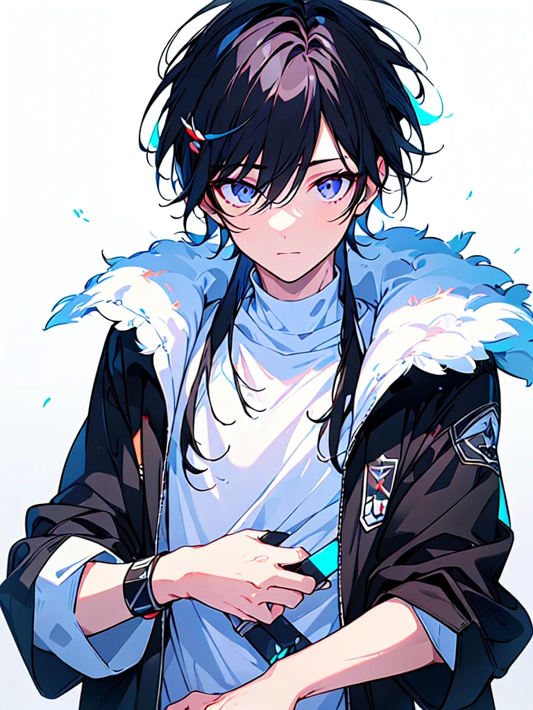 [(WHITE BACKGROUND:1.5),::5], ((((masterpiece)))), high quality, ultra very high resolution, full color, (((solo))), ((little boy)), Black hair, ((White streaked hair)), (Black eyes), anime, ((upper body)), black parka, 