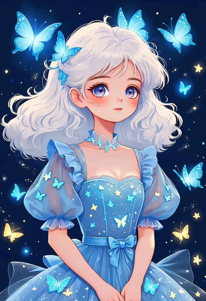 Minimalism，Vector cartoon illustration，Japanese Anime，Cartoon Girl Portrait，Starry Eyes，White fluffy hair，Puff Sleeve Princess Tulle Dress-Tulle，Butterflies in the sky，Luminescence，blue，Phosphor，Dark solid background