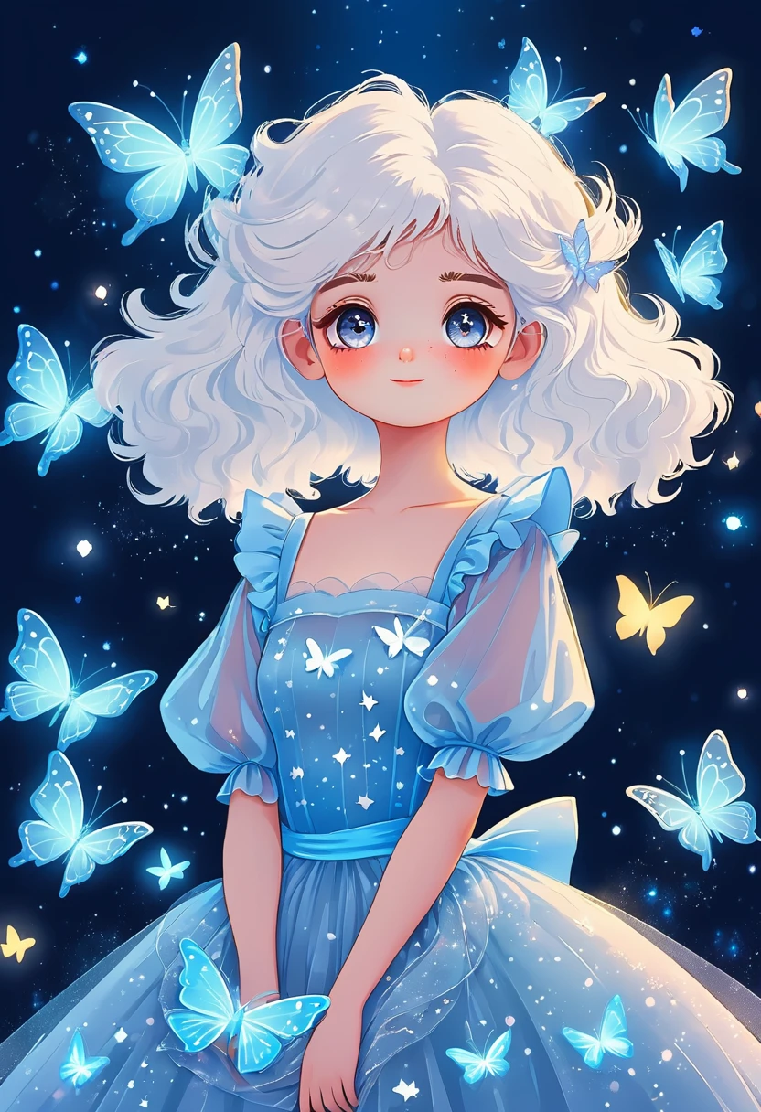 Minimalism，Vector cartoon illustration，Japanese Anime，Cartoon Girl Portrait，Starry Eyes，White fluffy hair，Puff Sleeve Princess Tulle Dress-Tulle，Butterflies in the sky，Luminescence，blue，Phosphor，Dark solid background