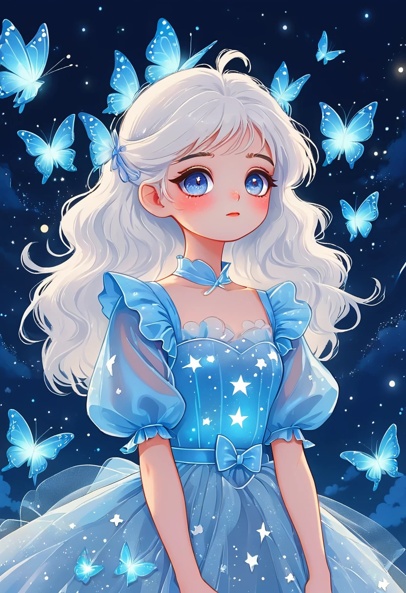 Minimalism，Vector cartoon illustration，Japanese Anime，Cartoon Girl Portrait，Starry Eyes，White fluffy hair，Puff Sleeve Princess Tulle Dress-Tulle，Butterflies in the sky，Luminescence，blue，Phosphor，Dark solid background