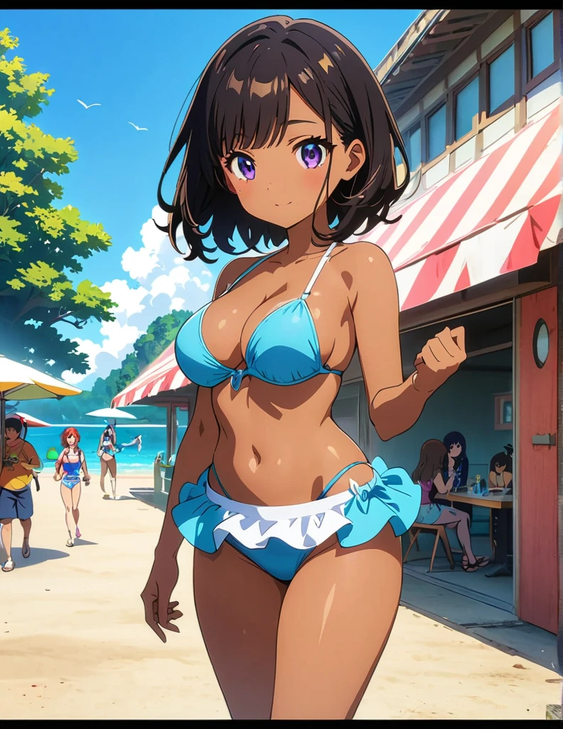 (anime artwork, anime style, studio anime, very detailed, up to date, vibrant, Anime Coloring, high contrast, masterpiece:1.2, best quality, best aesthetics),2 girl,hug from behind,bikini, Medium chest, A glimpse of thighs,random hair, One eye is hidden by the bangs, perfect proportions, high detail skin, Cute, detailed faces,beach, precise fingers,curvy,swim suits  crowd, dark skin,cocoa skin, swim suit tanned,full body 