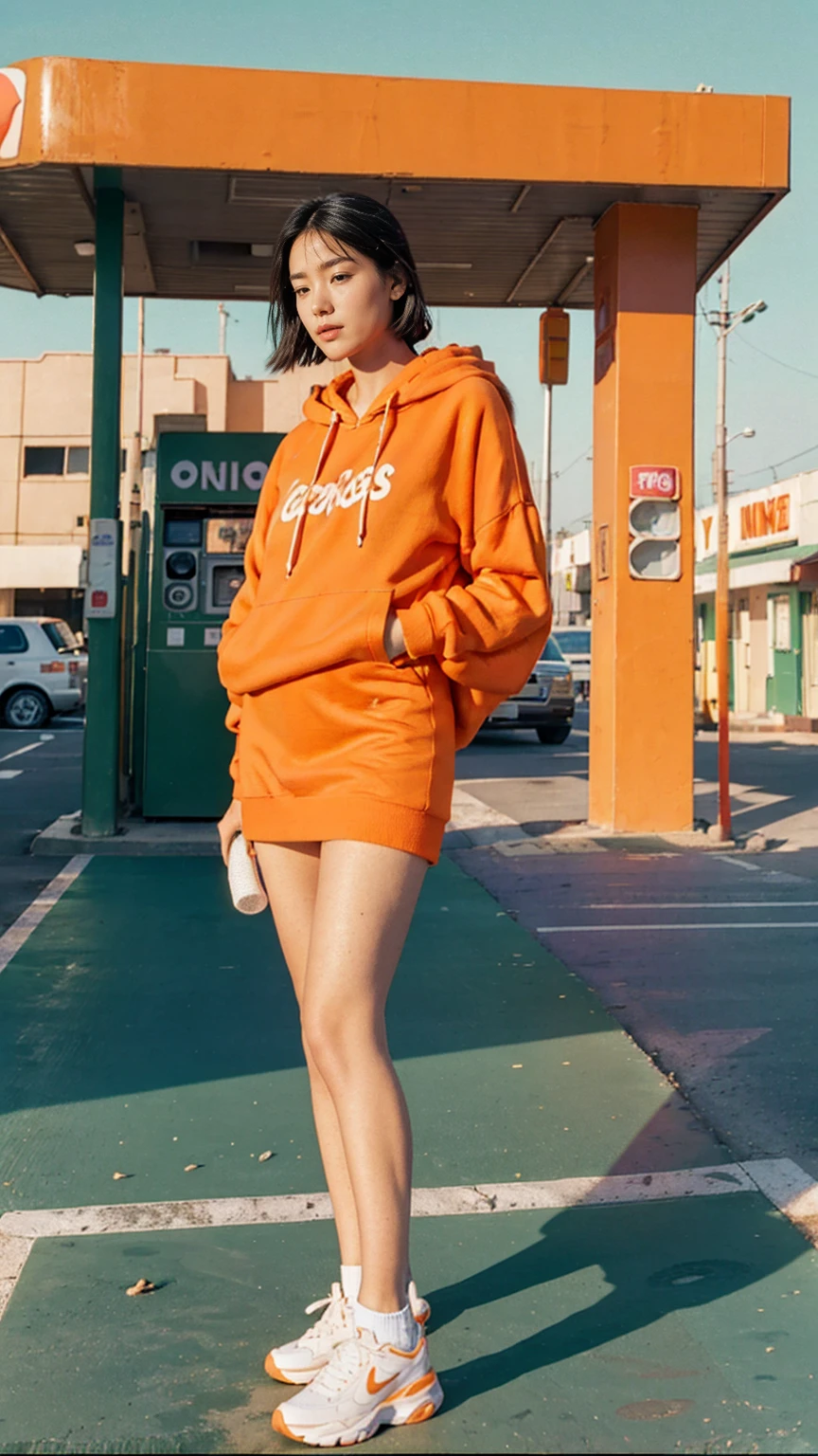 (medium shot portrait) of cute 23 yo girl ,wear ((orange color oversized_hoodie)), wear ((purple tennis skirt)),looking front,Best Quality,Masterpiece,Ultra High Resolution,(Realisticity:1.4),Original Photo, 1Girl, light leak,ultra high resolution,UHD,beautiful, (black straight hair), almond eye, no makeup, in front of ((80's green fuji color gas station)), (realistic:1.2), (surreal:1.3), (very detailed:1.1), ((masterpiece)),summer, blue sky, palm trees,sunny, los angles vibes,film camera, 800mm lens,