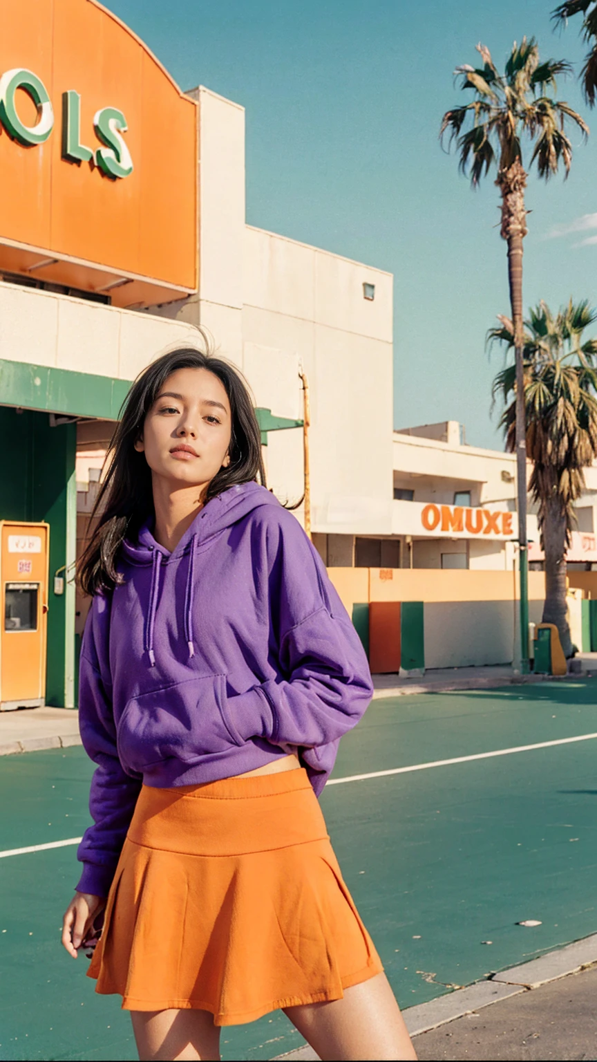 (medium shot portrait) of cute 23 yo girl ,wear ((orange color oversized_hoodie)), wear ((purple tennis skirt)),looking front,Best Quality,Masterpiece,Ultra High Resolution,(Realisticity:1.4),Original Photo, 1Girl, light leak,ultra high resolution,UHD,beautiful, (black straight hair), almond eye, no makeup, in front of ((80's green fuji color gas station)), (realistic:1.2), (surreal:1.3), (very detailed:1.1), ((masterpiece)),summer, blue sky, palm trees,sunny, los angles vibes,film camera, 800mm lens,