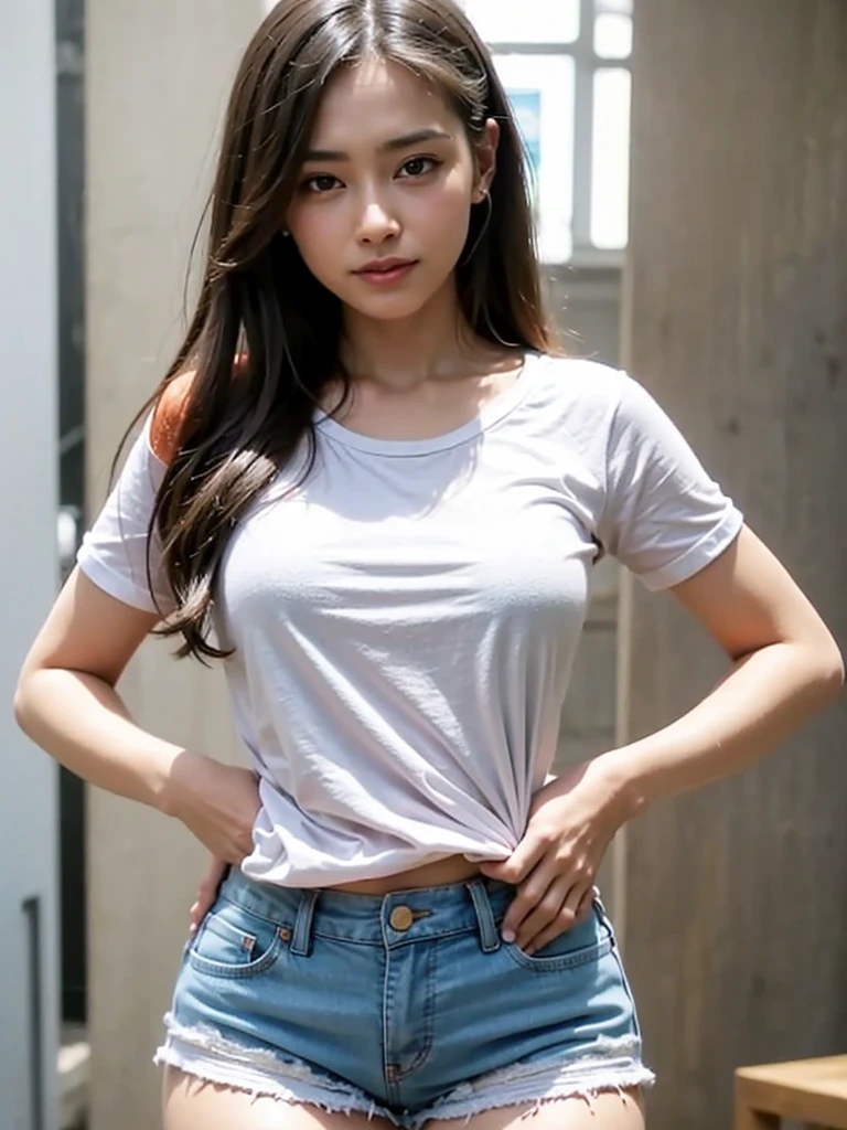 smile、((White lace T-shirt)), ((White shorts))、(The eyes are blue)、((Open Stance))、 solo、One person、Staring at the audience、((Sexy young woman's body:1.4)),