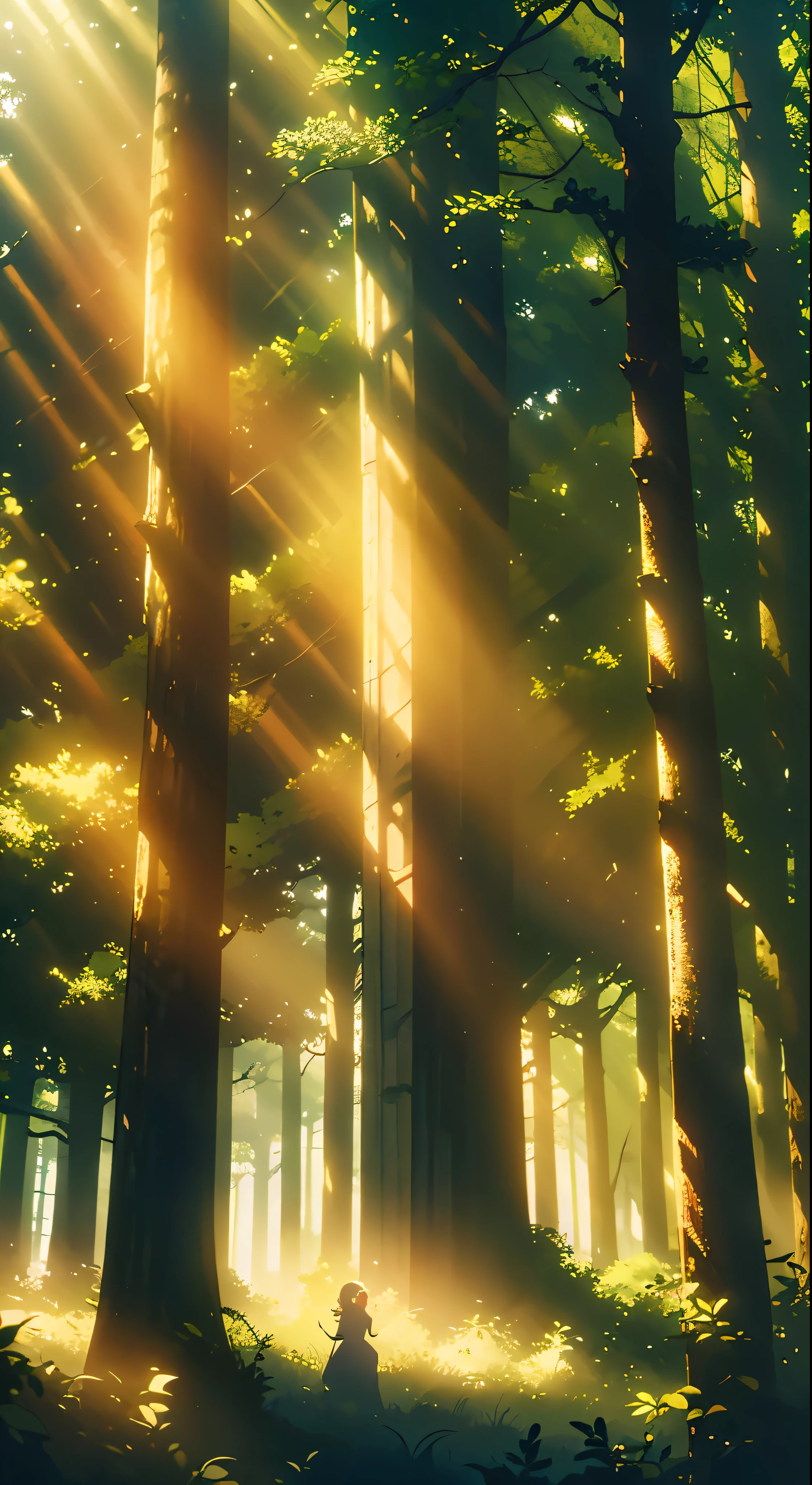 Description: In a secluded forest, a ray of sunlight pierces through the dense canopy, casting an ethereal glow on the forest floor. Amidst the towering trees, mysterious shadows seem to come alive, whispering secrets to those who dare to listen. Capture the enigmatic allure of these whispering shadows and the interplay between light and darkness in this mystical setting.