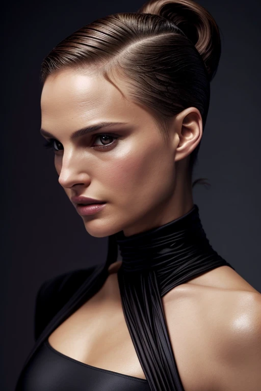 Gorgeous european woman with short hair, ponytail, wet hair, hair slicked back, combed straight back, slick hair, streaked brown hair, seductive pose, natalie portman, dressed as a sexy jedi, cleavage, solid dark grey background