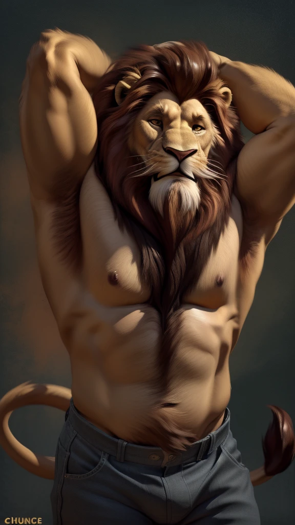 by chunie by catsudon by retros, male,ridiculuous,((Mature male)),((Bearded)),((Mustache)), felid, solo, ((Lion,tail)),(dark brown hair), hair, facing viewer, ((Highly detailed face)), (((Grandpa Figure))), ((smilling)),(happy), red and orange abstract background, ((shirtless)),((shortpants)), smile, ((((wise)))),((DILF))rmpit))