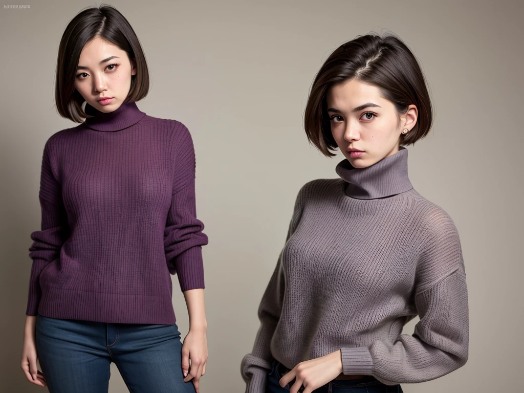 (((masterpiece, best quality,ultra-detailed,8k,high resolution))), (upper body),24 years old ,Japanese girl, (1girl, solo),short hair,(Cover face with a turtleneck sweater collar:1.8),grabbing turtleneck collar