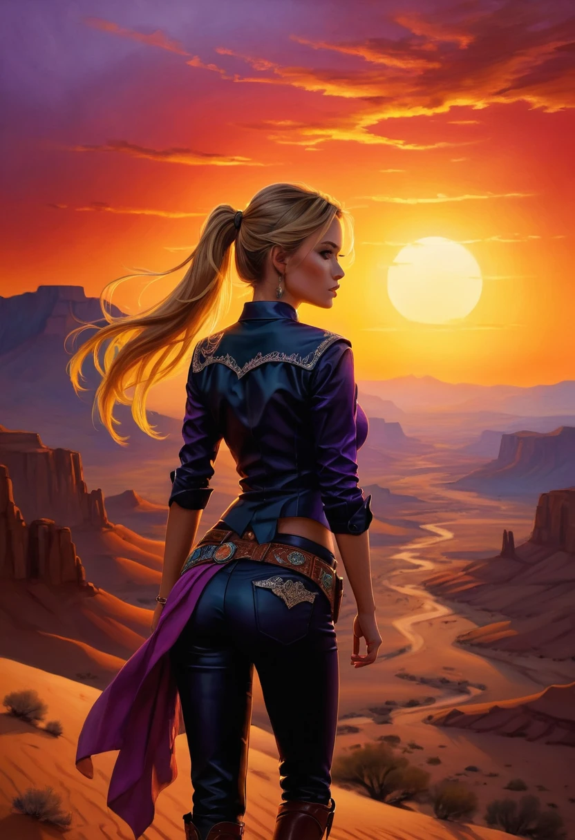 an oil painting of woman cowboy standing on the desert mountain at sunset, watching the desert canyon, an exquisite beautiful woman, most beautiful woman, blond hair, long hair, in a pony tail, ultra detailed face, best detailed face, wearing button shirt, dynamic color, small cleavage, wearing trousers, dynamic color, wearing high heeled boots, (silhouette art: 1.3), sun set, sun rays, sky in shades of purple, red, orange and yellow. vibrant colors of sky, Hyperrealism style, vibrant, Ultra-high resolution, High Contrast, (masterpiece:1.5), highest quality, Best aesthetics), best details, best quality, highres, ultra wide angle, 16k, [ultra detailed], masterpiece, best quality, (extremely detailed) RAW, chumbasket art style, oil pastel, silhouette
