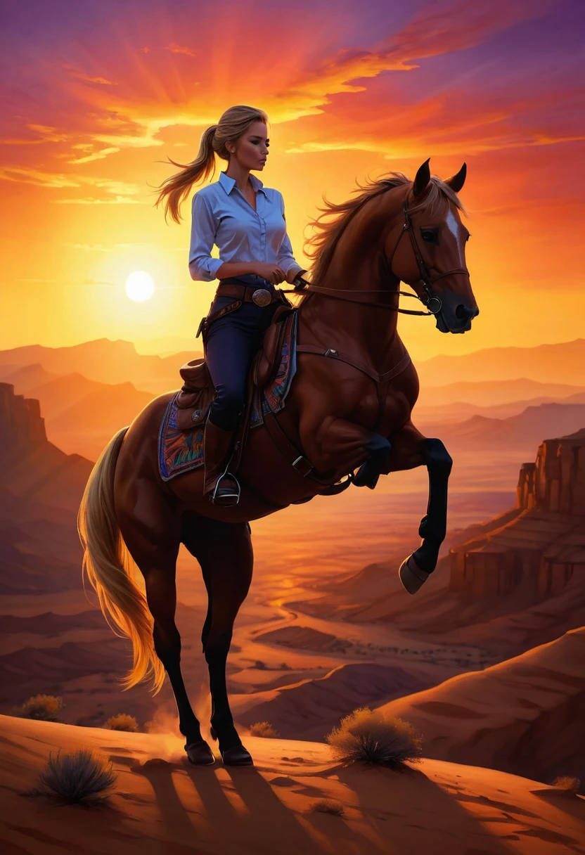 an oil painting of woman cowboy standing on the desert mountain at sunset, watching the desert canyon, an exquisite beautiful woman, most beautiful woman, blond hair, long hair, in a pony tail, ultra detailed face, best detailed face, wearing button shirt, dynamic color, small cleavage, wearing trousers, dynamic color, wearing high heeled boots, (silhouette art: 1.3), sun set, sun rays, sky in shades of purple, red, orange and yellow. vibrant colors of sky, Hyperrealism style, vibrant, Ultra-high resolution, High Contrast, (masterpiece:1.5), highest quality, Best aesthetics), best details, best quality, highres, ultra wide angle, 16k, [ultra detailed], masterpiece, best quality, (extremely detailed) RAW, chumbasket art style, oil pastel, silhouette
