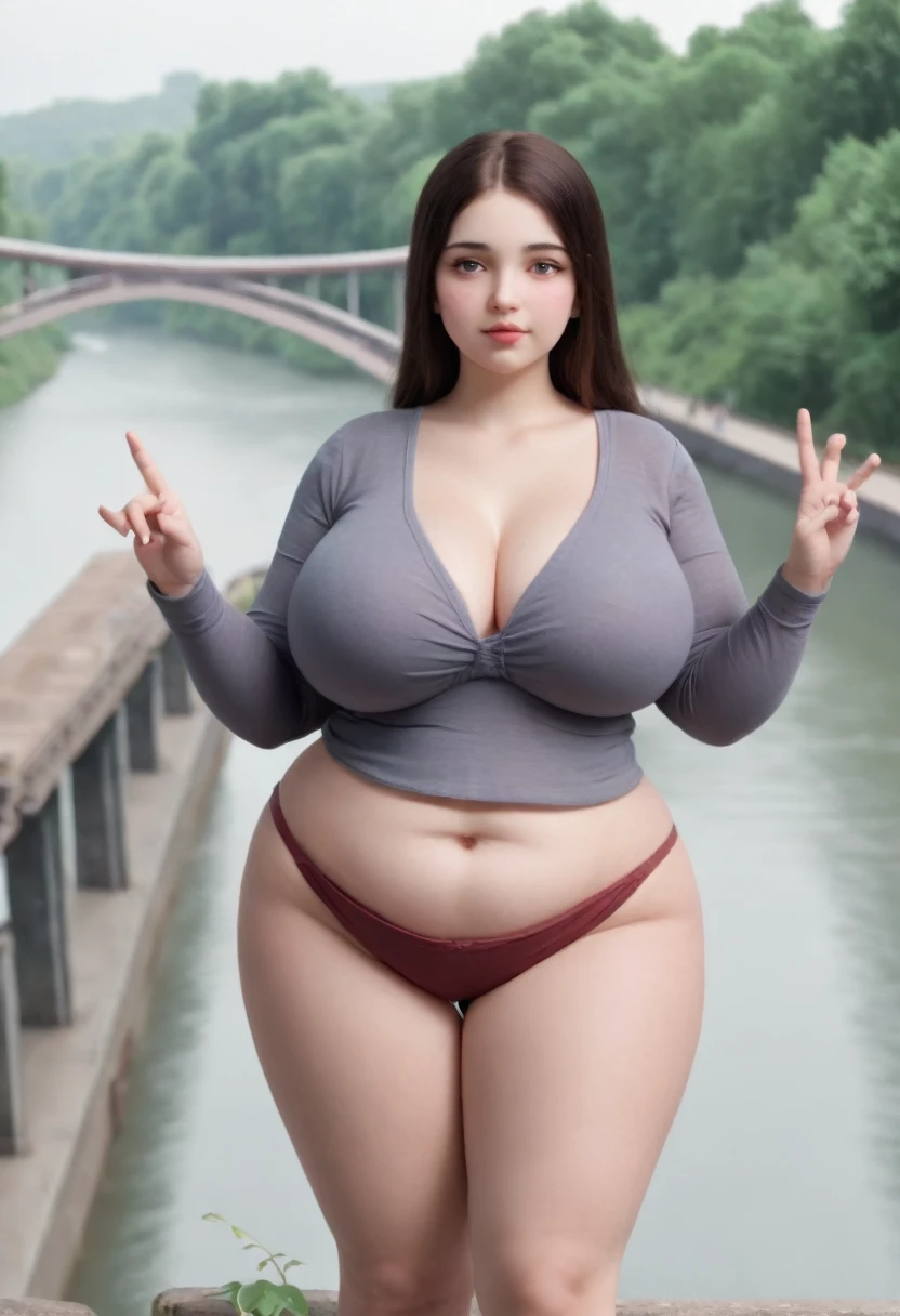 Giant 22 yeras old curvy girl standing on the wide river, she is look at bridge and touch the bridge with her finger.